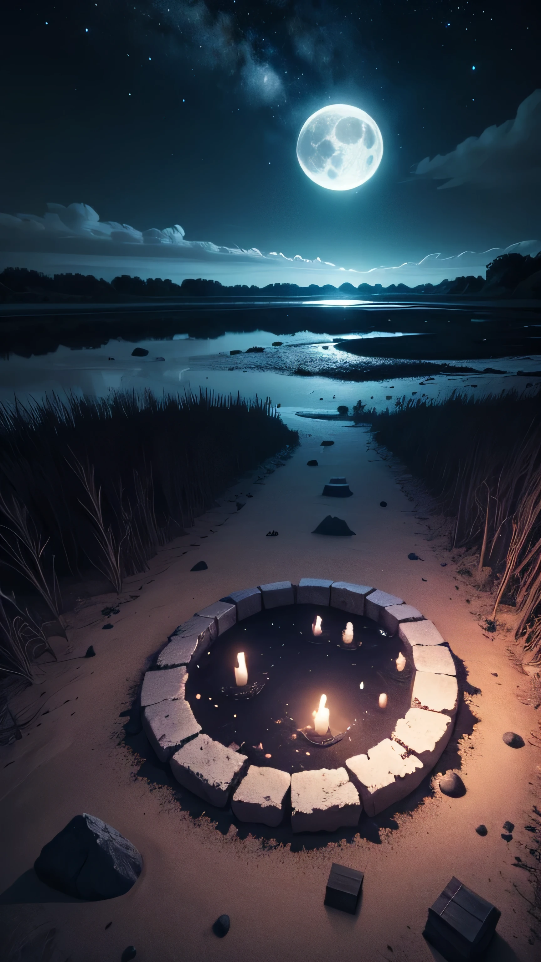 horror little island, night sky, mass grave, moon, 8k