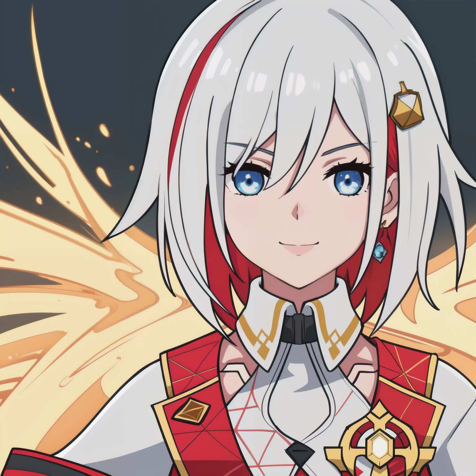 anime girl, light smile, white hair, blue eyes, gold accents, gold and red clothes, topaz, honkai star rail, 1girl, masterpiece, (beautiful and aesthetic:1. 5), thick black lineart, clean lineart, perfect lineart, variable lineart, thick lineart, clean anime outlines, intense line art, bold lineart, sharp lineart, heavy lineart, line art, best quality, high quality, high details, super detail, anatomically correct, best quality, ultra-detailed, colourful, saturated colours, dynamic lighting, HD,