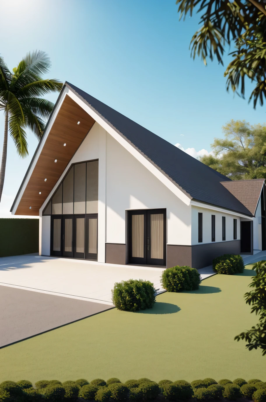 Realistic images, extremely detailed, a modern house, 1 road in font of house, large yard made by ceramic, (1 car), brick fence, lawn, a few small flowers, a road in front of the house, main materials of the house are white walls and red brick, Modern design, clear blue sky, sunrise light, light from inside, dynamic light,, (((day light, warm light)))