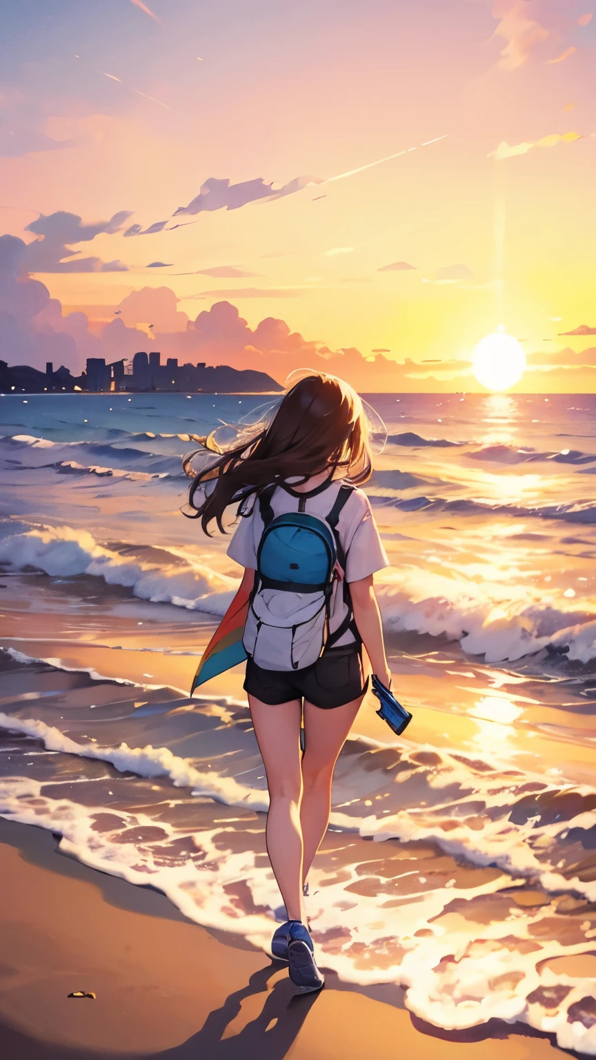 girl walking along the coastline with a guitar strapped to her back,1980s City Pop culture,beautiful sunset and the waves gently rolling onto the sandy beach,listening to music