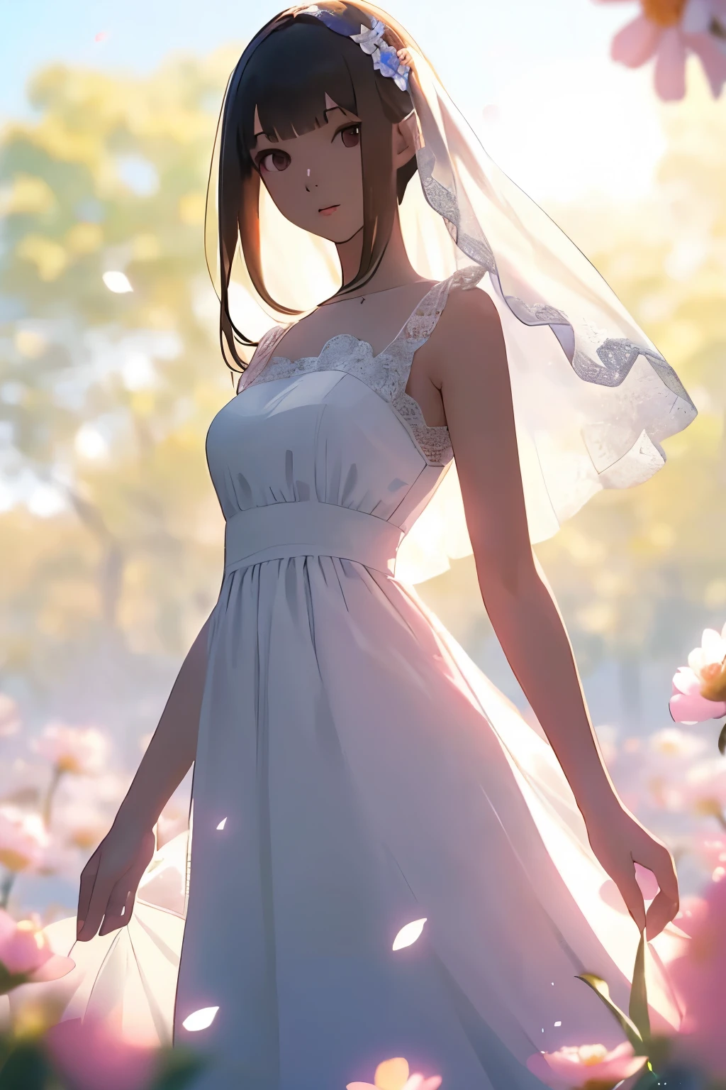 best quality, masterpiece, solo, 1 Female、(Slender figure)、White dress、(I blur the background a lot to make the woman stand out.:1.3)、(The sunlight shines in)、(Beautiful flowers in the background)、cure