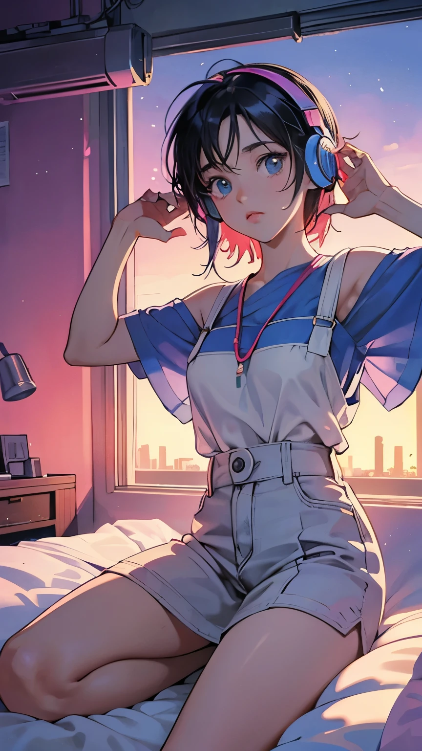 Generate an anime-style image evoking the atmosphere of 1980s city pop culture. Picture a simple scene featuring a girl lying on a bed, wearing headphones, and listening to music. The setting should reflect the urban vibe of the 1980s, with vibrant colors and retro aesthetics. The girl should have a relaxed expression, lost in the music, while the background includes elements like neon lights, cityscape, or cassette tapes, reminiscent of the era. The overall tone should be nostalgic and upbeat, capturing the essence of the city pop era.
