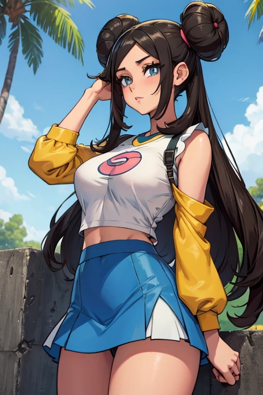 rosa (pokemon) with brunette oversized side buns and long hair behind, blue sleeves on a white top, leggings, yellow mini skirt, big breasts