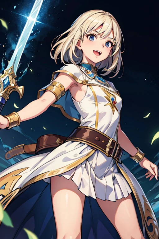 masterpiece, highest quality, One girl,Very detailed,Ukrainian facial structure,Rin々Nice face,Open Mouth Smile,Adventurer Uniform,Medieval Europe,Dynamic Action,Medium Hair,Show your armpits, Natural Beauty,Black eyes,European facial structure,Grasp the hilt of the lightning sword,
