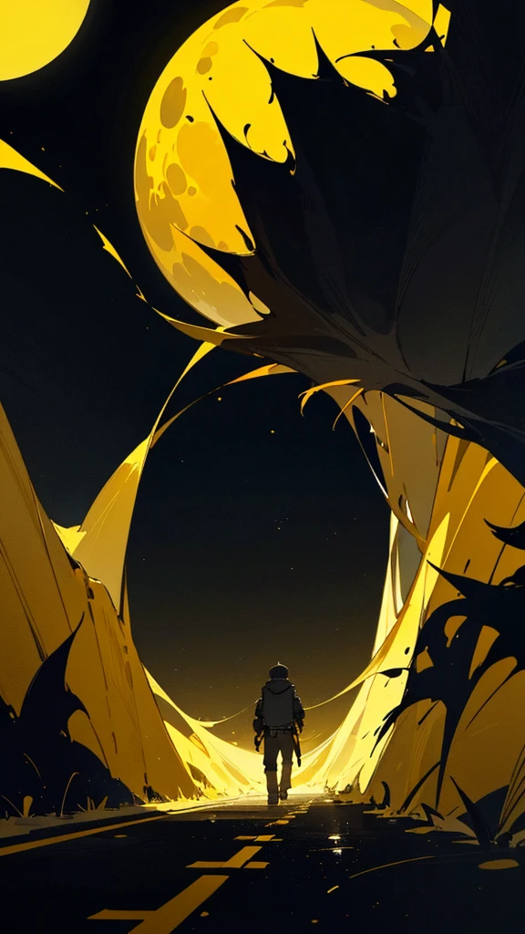 Yellow wallpaper, black road with a bush around it, there is a boy walking on this road and looking from a distance, shining yellow and black and dark space, game wallpaper, game background, yellow big moon, night,Shining