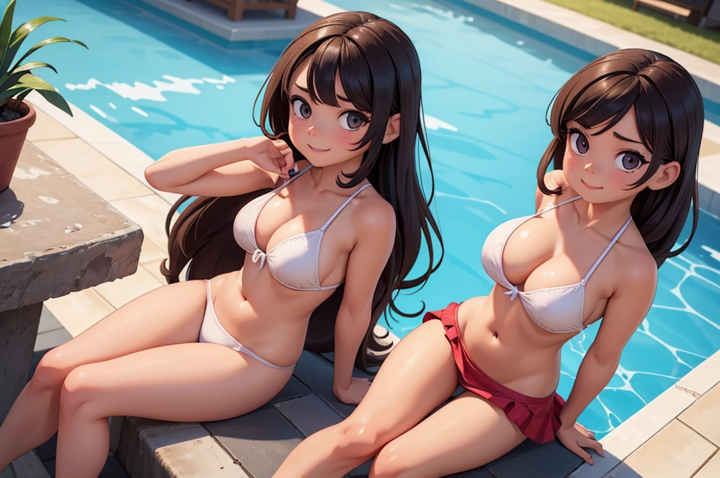 ((Highest quality)), ((masterpiece)), (detailed),Perfect Face,Strong light,With front light,Fully nude teenage sisters with small  kneeling on a nudist beach, stretching their legs and showing the camera a close-up of their crotches,