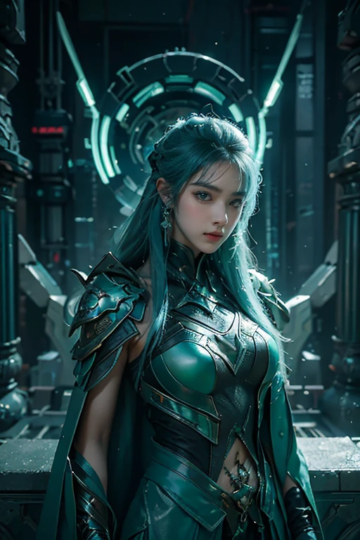 tmasterpiece,Best quality,A high resolution,8K,(Portrait photograph:1.5),(Original photo),real photograph,digital photography,(Combination of cyberpunk and fantasy style),(Female soldier),20-year-old girl,random hair style,blue hairs,By bangs,(Red eyeigchest), accessories,Redlip,Keep one's mouth shut, (scowling), elegant and charming,Serious and arrogant, Calm and handsome, Cyberpunk combined with fantasy style clothing, Openwork design, joint armor, Combat uniforms, Green clothes,green), exposing your navel, Photo pose, Realisticstyle, gray world background, oc render reflection texture, full body, (show legs)