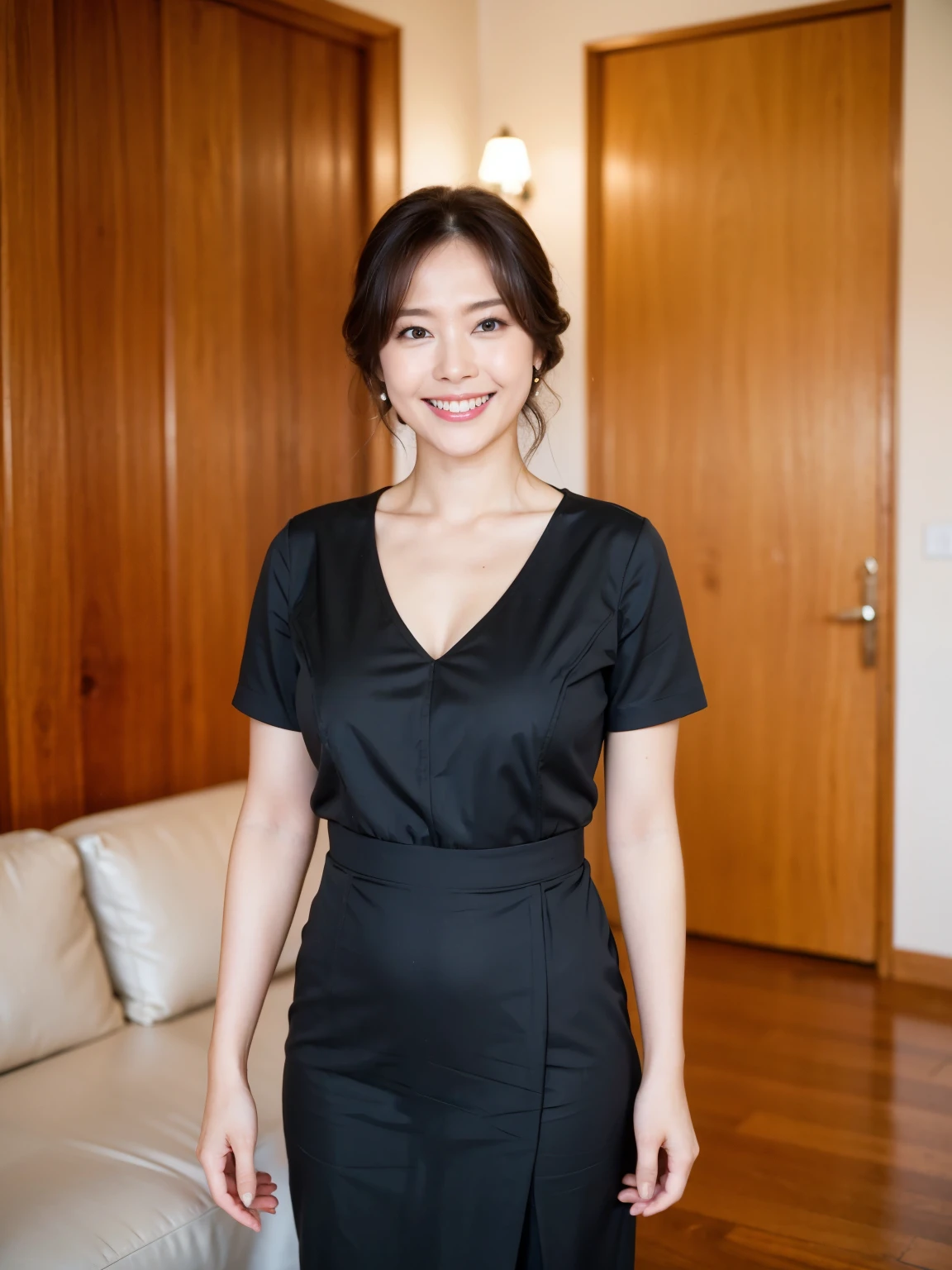 最high quality, In 8K, Masseter region, Vibrant, Sharp focus, high quality, High resolution, Detailed face, fine grain, Thick lips, (Looking at the audience), alone, Beautiful woman, 38 years old, (Standard body type)、(D cup breasts)、(Short black hair:1.5), Cleavage、(Bright room、Wooden wall)、(Marble floor:1.3)、(Large window behind:1.3)、 (The living room of a vast mansion:1.6)、(The sea can be seen from the window)、(Black short-sleeved formal dress:1.6)、(smile:1.5)、(Black pumps:1.5)、(Full body photo:1.2)