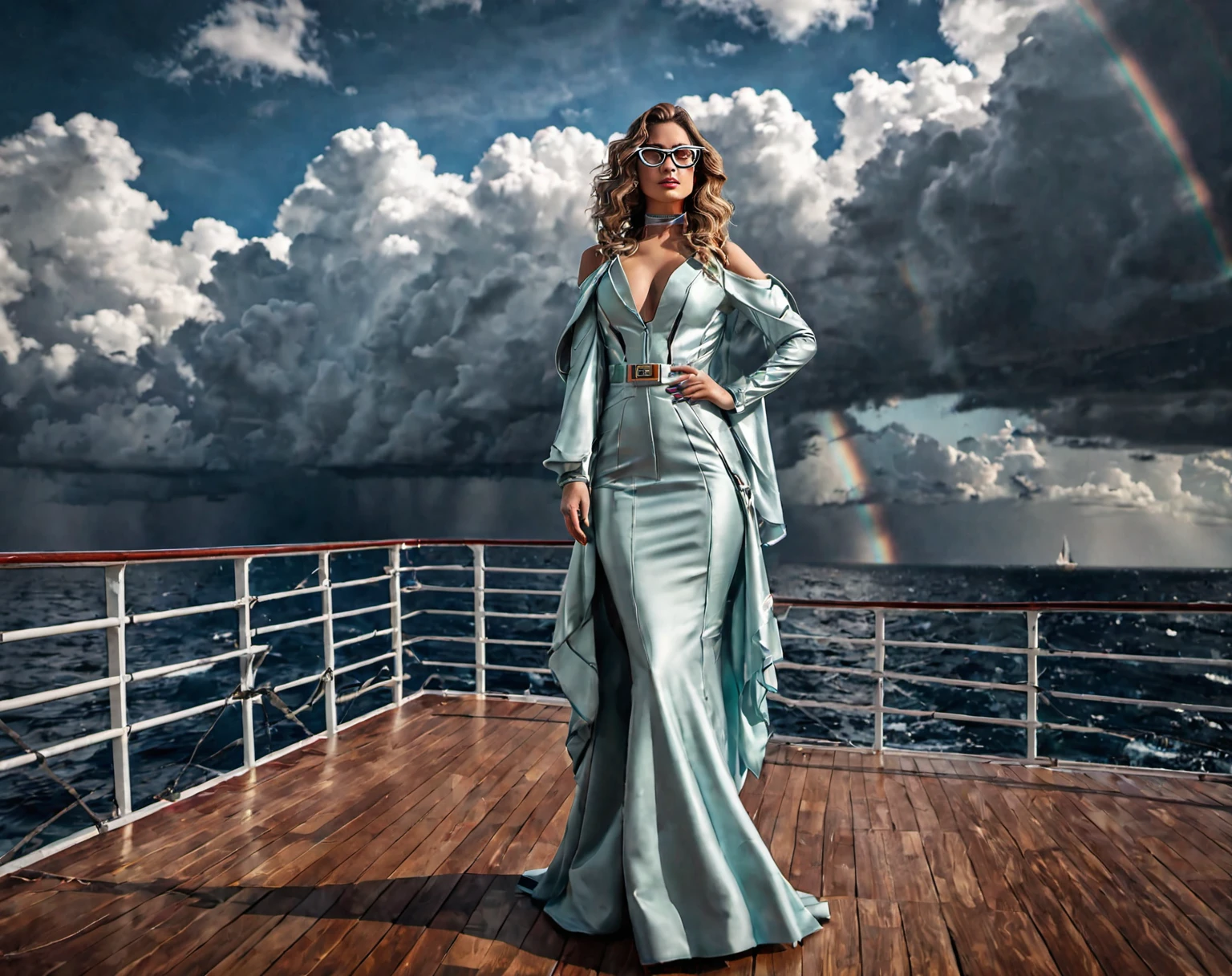 Scene description: A beautiful woman with refined and confident features, wearing modern glasses that highlight her determined expression. Her wavy hair falls elegantly over her shoulders. She is wearing a futuristic outfit, combining high-tech elements with contemporary elegance. Her posture is firm and self-confident, reflecting a mixture of sophistication and fearlessness. It is positioned at a central point on the ship launching platform, located on a large stretch of coastline. The platform's giant gates are open, revealing the vast ocean beyond. The sea stretches as far as the eye can see, creating a feeling of infinity and mystery. In the sky, dark and imposing clouds mix, creating a tense and exciting atmospheric environment. Between these clouds, streaks of light break through, adding a dramatic and magical touch to the scene. In the background, a rainbow appears, contrasting with the darkness of the clouds and adding an element of hope and beauty. Technical image capture details: To capture this extraordinary scene, it would be necessary to use the best camera available, equipped with high-resolution lenses and the ability to capture light in adverse conditions. A high-end digital medium format camera is recommended, such as the Phase One XF IQ4 150MP, capable of capturing incredible detail and vibrant colors even in low-light conditions. To compose the image, it would be ideal to use a wide-angle lens to capture the entire length of the launch platform and the sea in the background. The aperture of the diaphragm must be adjusted to allow enough light in while maintaining depth of field to ensure that both the woman and the scene are in focus. Additionally, the use of advanced post-processing techniques would be essential to enhance image details, adjust exposure, and balance colors to achieve maximum visual impact.