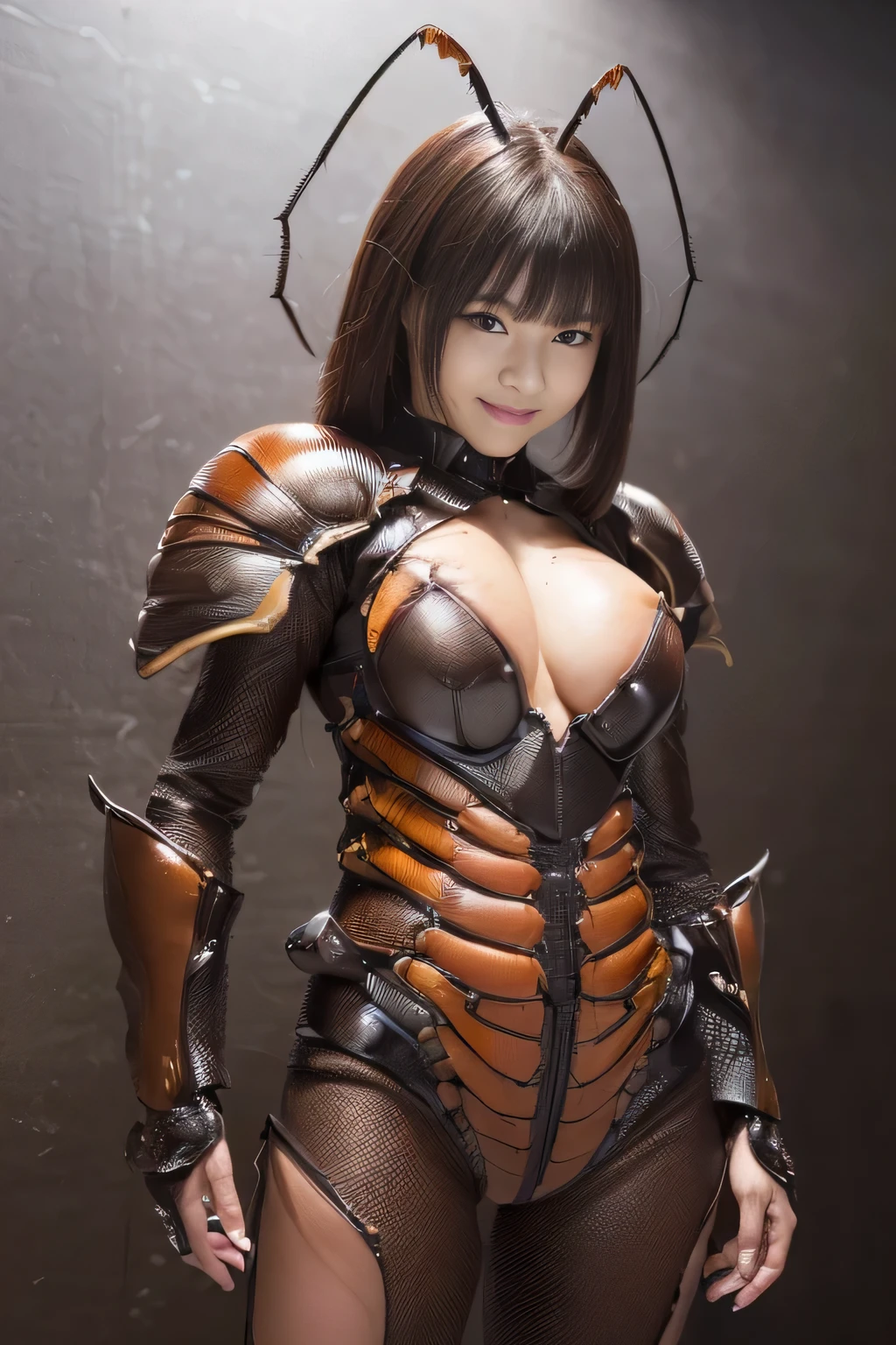 (high resolution,masterpiece,best quality,extremely detailed CG, anime, official art:1.4), realistic, photo, amazing fine details, all intricate, gloss and shiny,awesome many layers, 8k wall paper, 3d, sketch, kawaii, illustration,( solo:1.4), perfect female proportion,villainess, (fusion of dark brown cockroach and lady:1.4), (brown cockroach form lady:1.2), (brown cockroach lady:1.2), (fusion:1.2), (solo:1.4), (evil smile:1.2), muscular, abs, (cockroach brown exoskeleton bio insect suit:1.4), (cockroach brown exoskeleton bio insect armor:1.2), (brown transparency cockroach wing:1.4), (brown cockroach antennae:1.3),