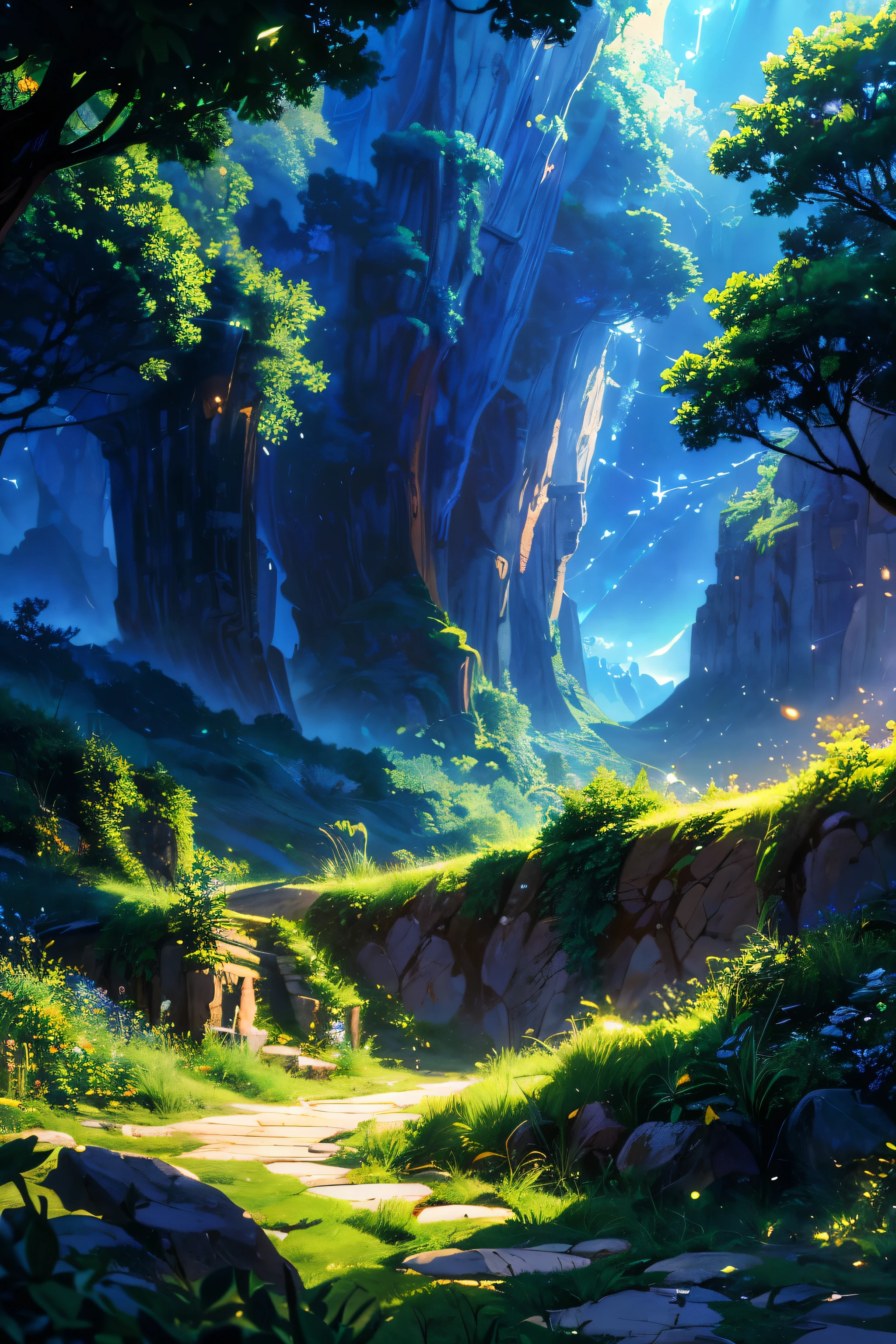 a painting of a boy standing on a hill looking at a valley, by sylvain sarrailh, cover game art, epic full color illustration, silvain sarrailh, makoto shinkai cyril rolando, inspired by sylvain sarrailh, board game cover art, fantasy rpg book illustration, official artwork, inspired by Cyril Rolando, background artwork(glowing fireflies and butterfiles )(greenery view)(bright blue shinning sky)(night view)(borkeh effect)(far angle view)