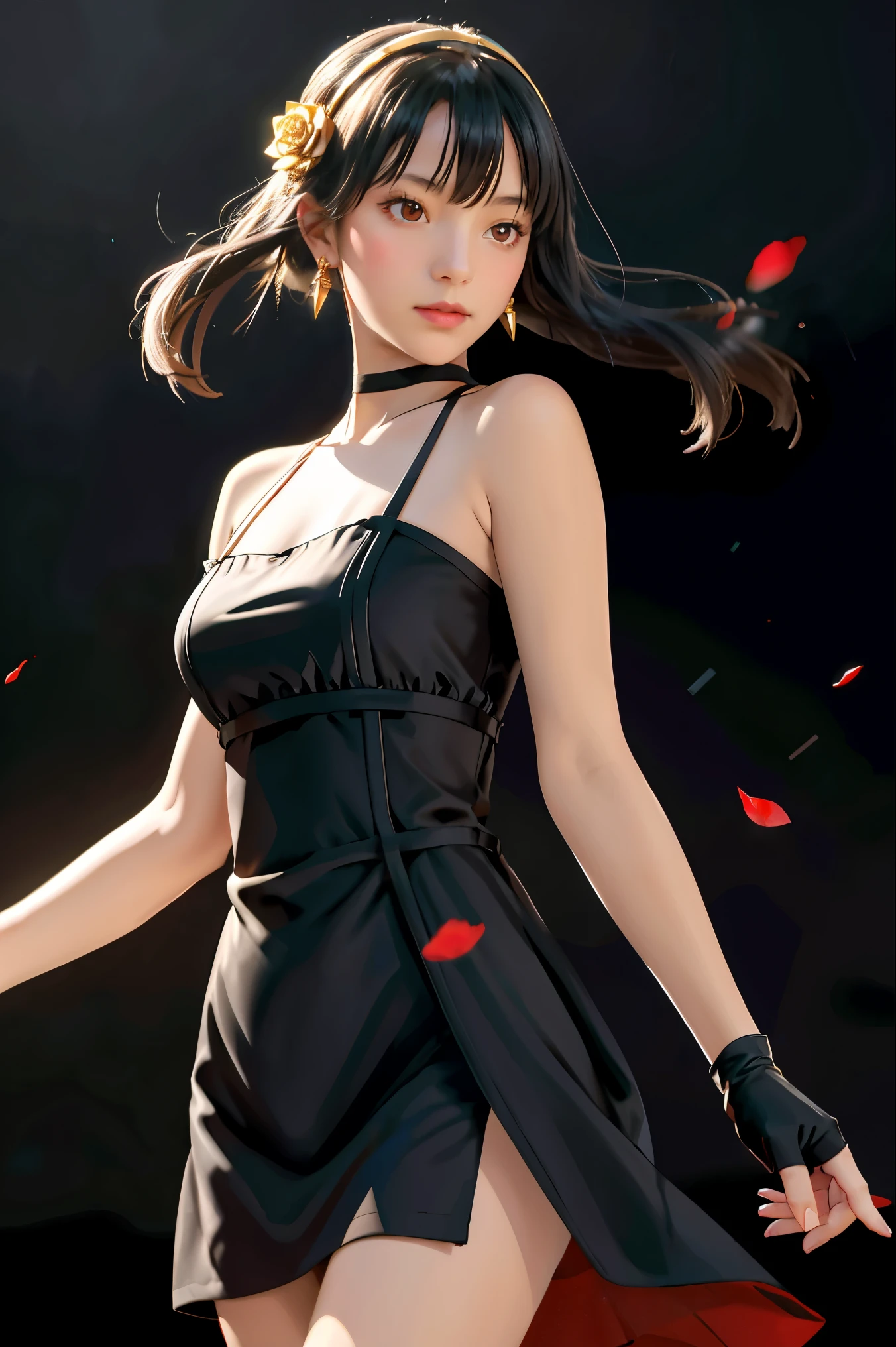 yor briar, (photorealistic), beautiful girl,backlighting, bare shoulders, black background, black dress, black gloves, black hair, breasts, closed mouth, cowboy shot, dress, earrings, expressionless, fingerless gloves, floating hair, gloves, gold earrings, gold hairband, hair flower, hair ornament, hairband, jewelry, large breasts, light particles, long hair, looking at viewer, off-shoulder dress, off shoulder, petals, red eyes, short hair with long locks, sidelocks, solo, spikes, thighs, two-sided dress, two-sided fabric, ((masterpiece))
