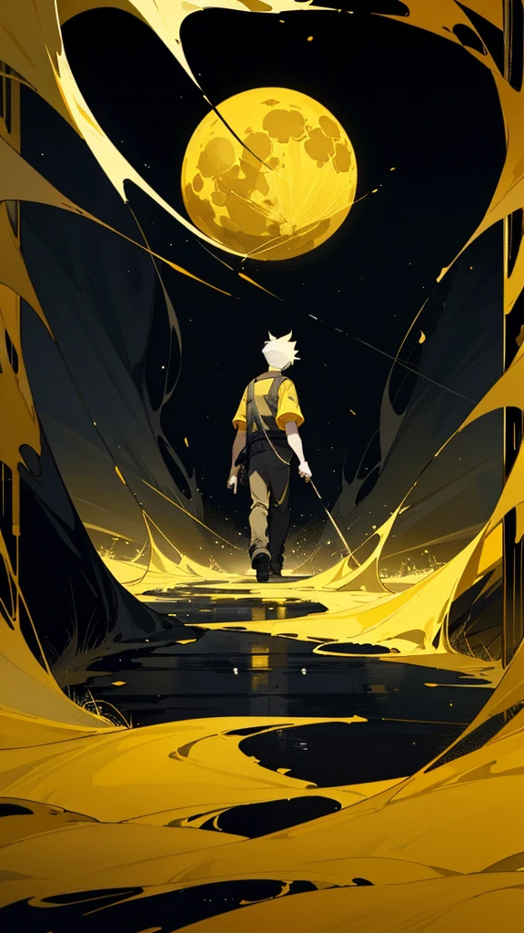 Yellow wallpaper, black road with a bush around it, there is a boy walking on this road and looking from a distance, shining yellow and black and dark space, game wallpaper, game background, yellow big moon, night,Shining