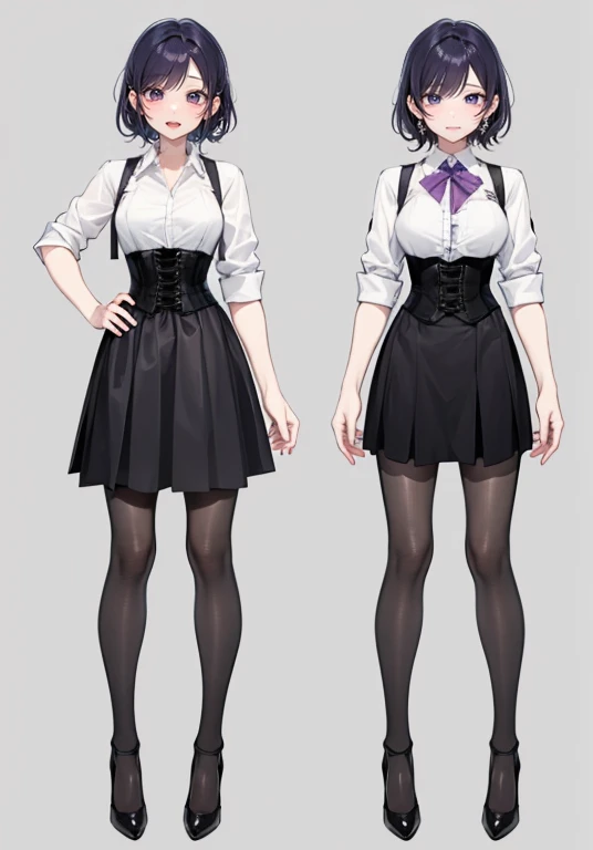 Purple hair,short hair,Adult female,(bartender),((Roll up your shirt sleeves)),(Rolling up the sleeves of his shirt),(corset),(skirt),(High heels),((Simple Background)),smile,((whole body)),((full body)),Character Sheet,