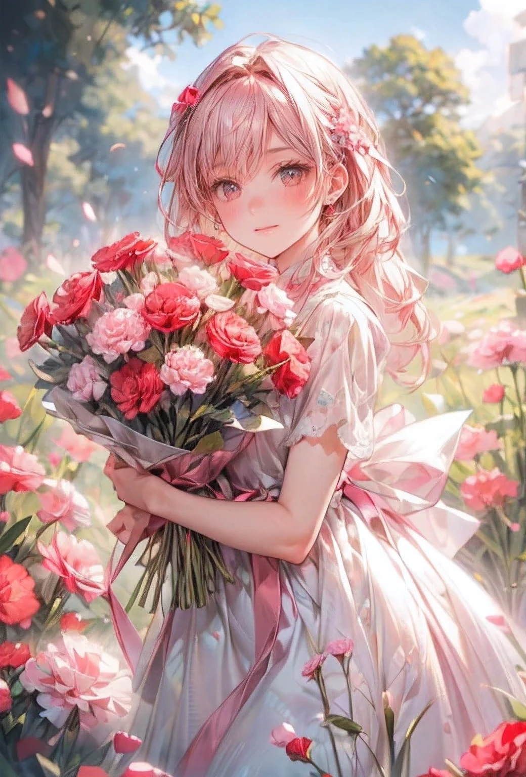 masterpiece:1.2,highest quality,16k,highres,ultra-realistic,photorealistic:1.37,beautiful detailed:1.2, carnation cute fairy girl,standing in a meadow full of carnations,holding a bouquet of carnations,meadow(colorful carnations,full of carnations,bluesky),beautiful delicate gorgeous dress with a carnation motif,Beautiful and elegant pose,gently smile,beautiful delicate(hair,face,long eyelash,eyes,pupils,lips,knee,dress),sparkling eyes,shining rosy lips,blushed cheek,through bangs,