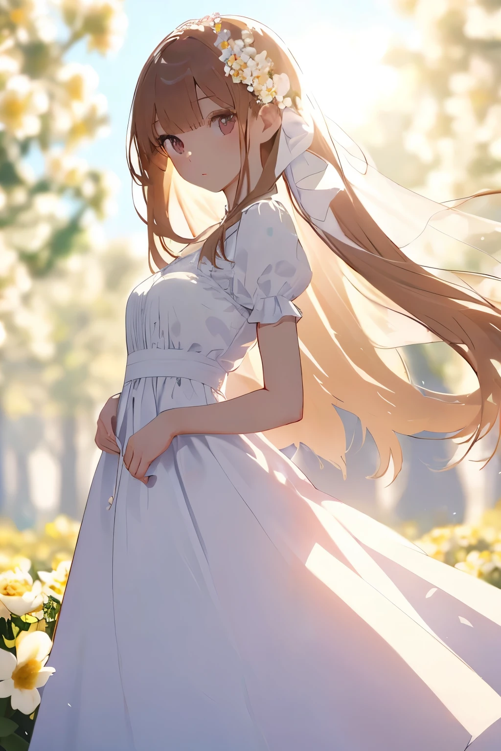 best quality, masterpiece, solo, 1 Female、(Slender figure)、White dress、(I blur the background a lot to make the woman stand out.:1.3)、(The sunlight shines in)、(Beautiful flowers in the background)、cure