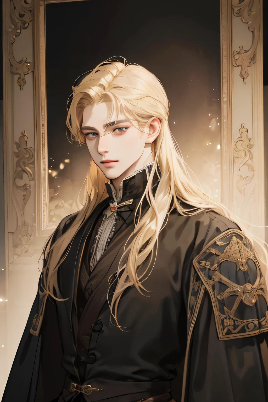 (Best quality),adult,1 man, male, mature, very tall, elegant and strong, long hair blonde, grey eyes, long hair blonde, medieval victorian style clothing, richly textured background, soft lighting, portrait style, painting style, deep colors, royal clothes yunani style, perfect eyes, look at camera, black clothes