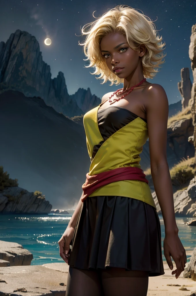 arslanaltan, 1girl, blonde hair, short hair, green eyes, dark skin, brown skin, hair ornament, t-shirt, bare shoulders, skirt, pantyhose, necklace, (Masterpiece, Best Quality, Highres:1.2), Detailed, Intricate Details, 4K, solo, cowboy shot, high rating, standing, cave entrance, underground pool, rocks, looking at viewer, night, stars, moon