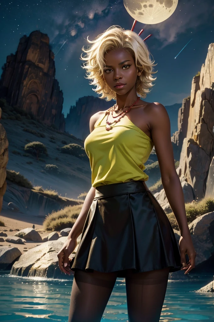arslanaltan, 1girl, blonde hair, short hair, green eyes, dark skin, brown skin, hair ornament, t-shirt, bare shoulders, skirt, pantyhose, necklace, (Masterpiece, Best Quality, Highres:1.2), Detailed, Intricate Details, 4K, solo, cowboy shot, high rating, standing, cave entrance, underground pool, rocks, looking at viewer, night, stars, moon