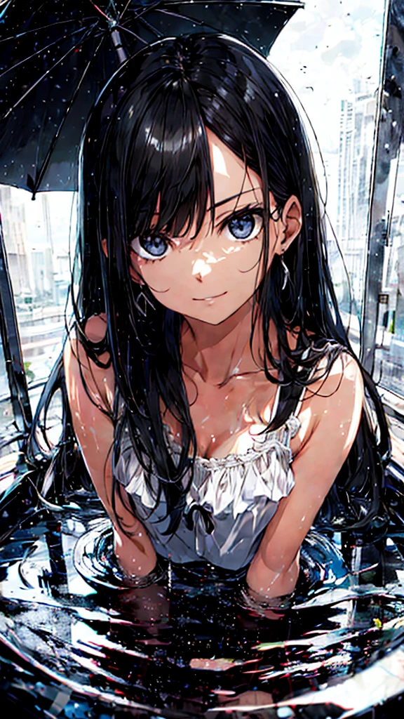 (La mejor calidad,8k,Ultra detallado),(realista:1.37),(Retratos,Artistas conceptuales),colores intensos,sharp focus,(lluvia:0.9),(ojos enojados:1.1),long, damp black hair,Glass barrel bottom,Contacto visual con el espectador,Fondo de tormenta intensa,Lluvia interminable)