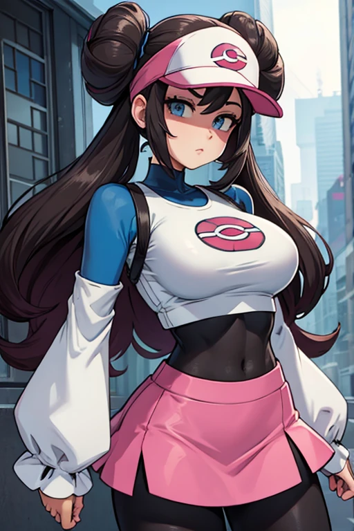 rosa (pokemon) with black and pink oversized side buns and long hair behind, blue sleeves on a white top, leggings, yellow mini skirt, big breasts