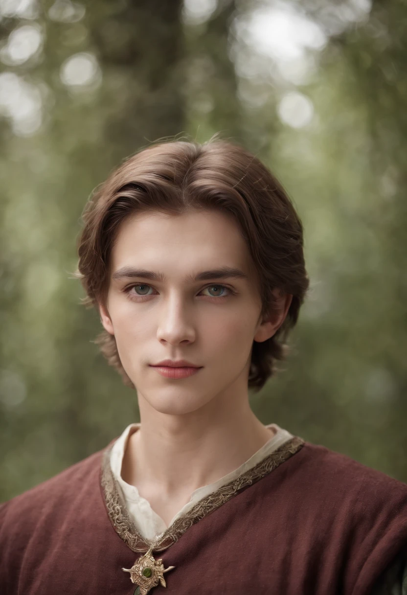 fair complexion, male around 19 years old, brown hair, distinctive green eyes, flat chest, short hair, fluffy hair, wearing kohl, slender and graceful, beautiful, candlelight in a medieval setting, ultra sharp focus, realistic shot, medieval female clothes, tetradic colors, big butt, wide hips, full body,