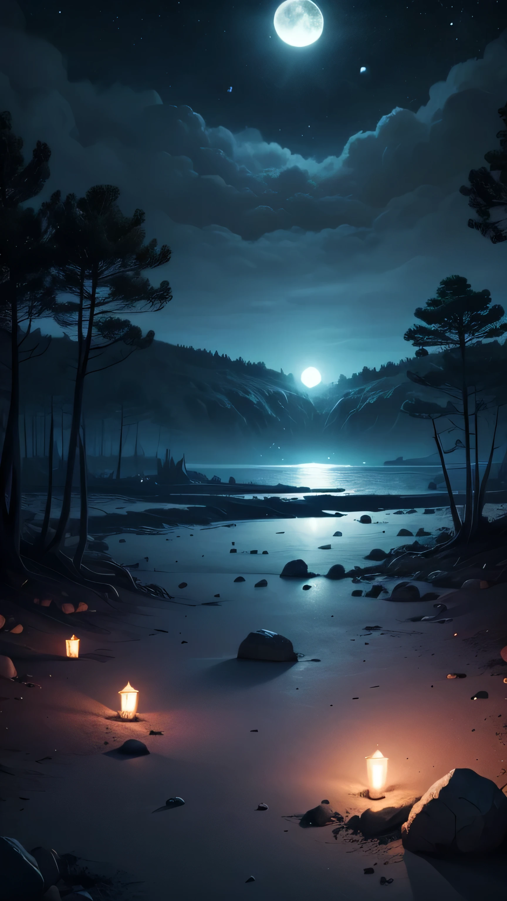 horror little island, night sky, mass grave, moon, 8k