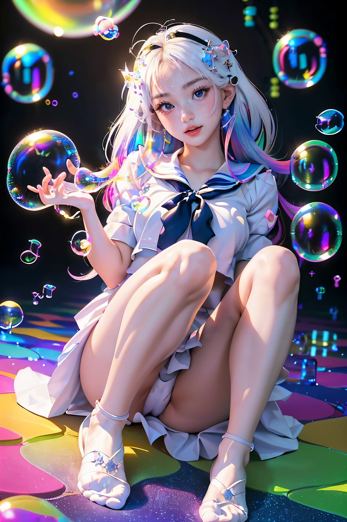 (Masterpiece), (best quality), (official art, Very detailed CG unity 8k wallpaper.), (Highly detailed), ((nonsense)), 1 girl, Medium shot, (exquisite face),(Serafuku:1.3) ((NRF)),((clear hand)), ((White thighs, no shoes)),tear, colored contact lenses, Stars in the eyes, (((colorful bubbles))), Multi-colored glass, (album cover)