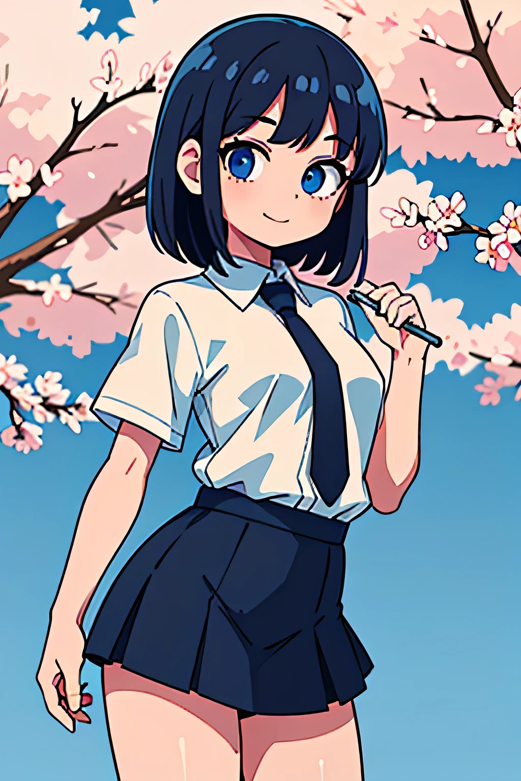 (Ultra bright color, Masterpiece, Best quality, blossom, Warm, soft light, modern, Hi-tech), 1 girl, One, standing, (school background:1.4), White shirt, (black skirt), beautiful detailed face, slight smile, (blue) Medium hair, (detailed (blue) Ruby eyes), young, blue tie, small breasts