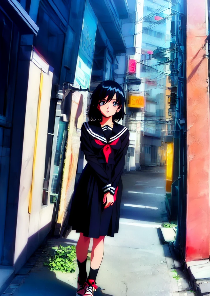 (perfect composition),anime character Sukeban delinquent girl standing on a city street corner in black seifuku with black very long skirt, anime style. 8k, anime style mixed with fujifilm, retro anime girl, anime styled digital art, in tokyo, anime style illustration, anime style 4 k, anime style artwork, anime poster film still portrait, tokyo anime scene, modern anime style, anime style digital art, short hair, 26year old, red converse,
