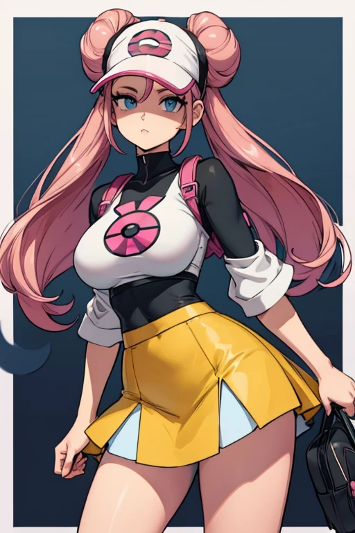 rosa (pokemon) with black and pink hair oversized side buns and long hair behind, blue sleeves on a white top, leggings, yellow mini skirt, big breasts