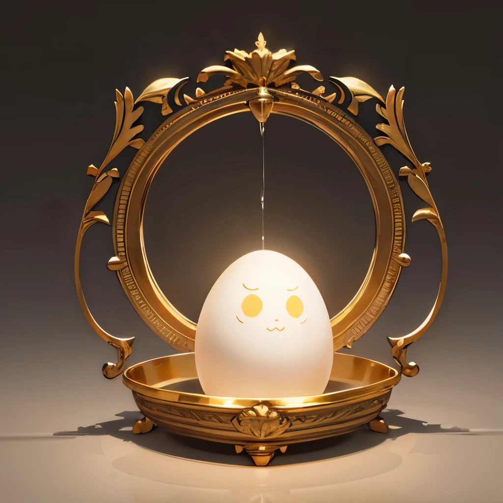 High resolution, (a golden egg:1.3),Glowing,on a beautiful decorated stand,The egg has wing,(face in the egg:1.3),Angry