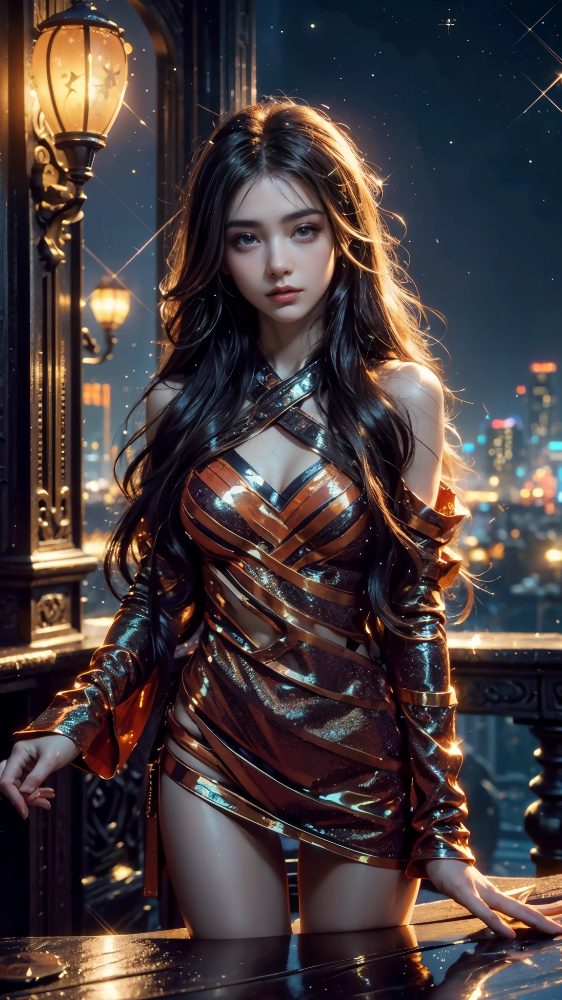 4k, UHD, masterpiece, 1 girl, good face, ((detailed eyes)), very long hair, impressive hairstyle, perfect brasts, fantasy clothing, orange clothing, (strips:1.3), night city, building, lamps, depth of field, reflection light, ((sparkle)), chromatic aberration,
