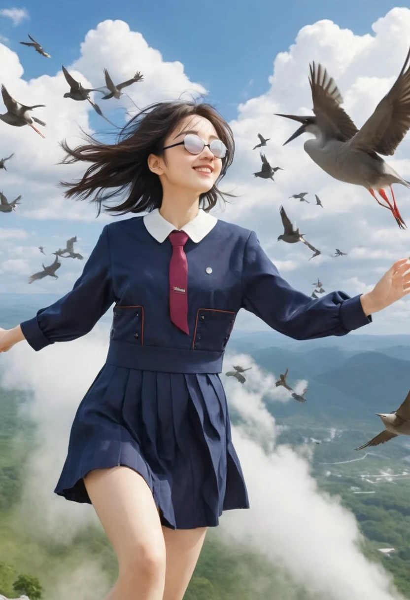 anime style, super fine illustration, highly detailed, dynamic angle, beautiful detailed, 8k, under the midday blue sky, a girl chases flying migratory birds. She rides 0 fighter airplane, wearing goggles with a smile. Her hair dances in the wind, and her figure soaring through the sky resembles an adventurer of the future.　teduka, tedukachan ,slender girl