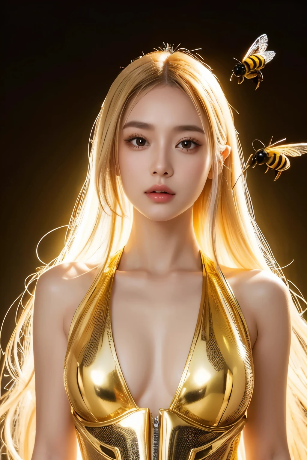 Beautifully detailed depiction of an amazing insect girl,She has a remarkable bee body, Shiny plug set, Bee Wings, whole body, flight, Cool girl face,Long yellow hair,nude