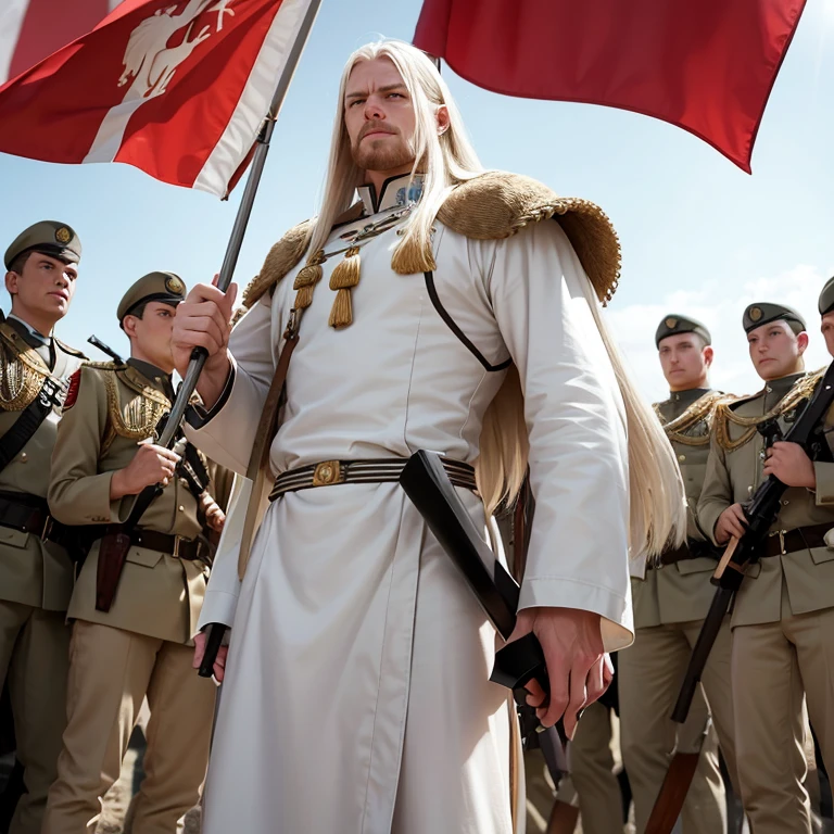 A tall white man, with long blode hair, holding his claymore, with a expression of conquest and glory. Behind him many soldiers holding the flag of his nation