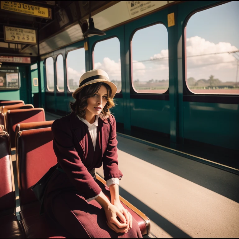 (Kate Beckinsale) (27 years) With magenta dress, The skirt is long to the floor、Wearing a hat, Leaning on the train, At a station like the 1940s, A locomotive with smoke rising from the center、Lighthouse、Japan field、Film set、Ghibli、Big Moon、cloud,Mesa,Better Quality,Sketch Style, Moda Vintage, 1920s atmosphere.