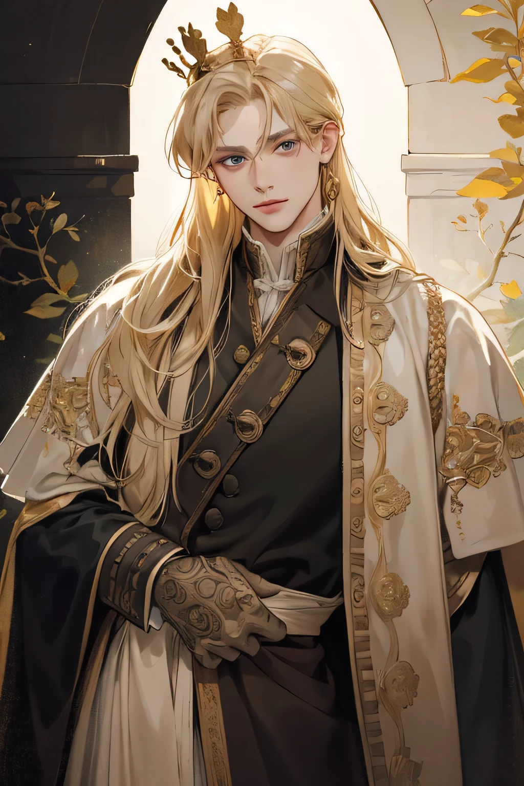 (Best quality),adult,1 man, male, mature, very tall, elegant and strong, long hair blonde, grey eyes, long hair blonde, medieval victorian style clothing, richly textured background, soft lighting, portrait style, painting style, deep colors, royal clothes yunani style, perfect eyes, look at camera, golden clothes, with crown leaf yunani romawi