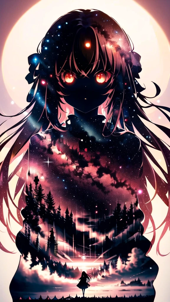 masterpiece, best quality, (silhouette:1.3), long hair, glowing eyes, red eyes, star (sky), pov, snow,