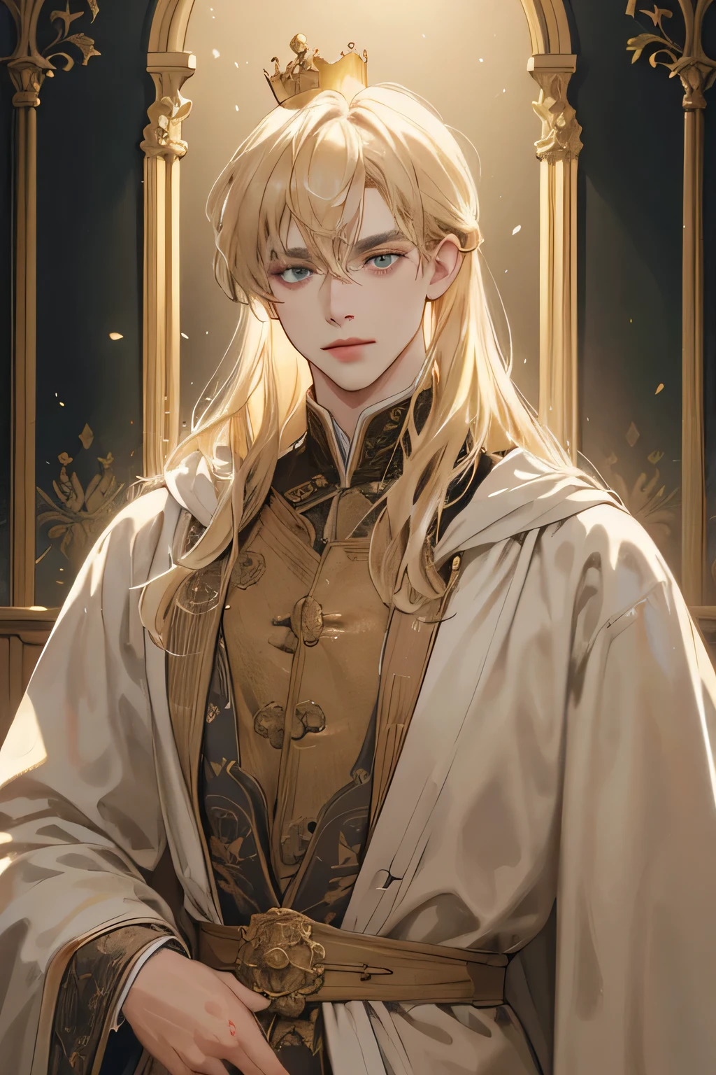 (Best quality),adult,1 man, male, mature, very tall, elegant and strong, long hair blonde, grey eyes, long hair blonde, medieval victorian style clothing, richly textured background, soft lighting, portrait style, painting style, deep colors, royal clothes yunani style, perfect eyes, look at camera, golden clothes, with crown leaf yunani romawi