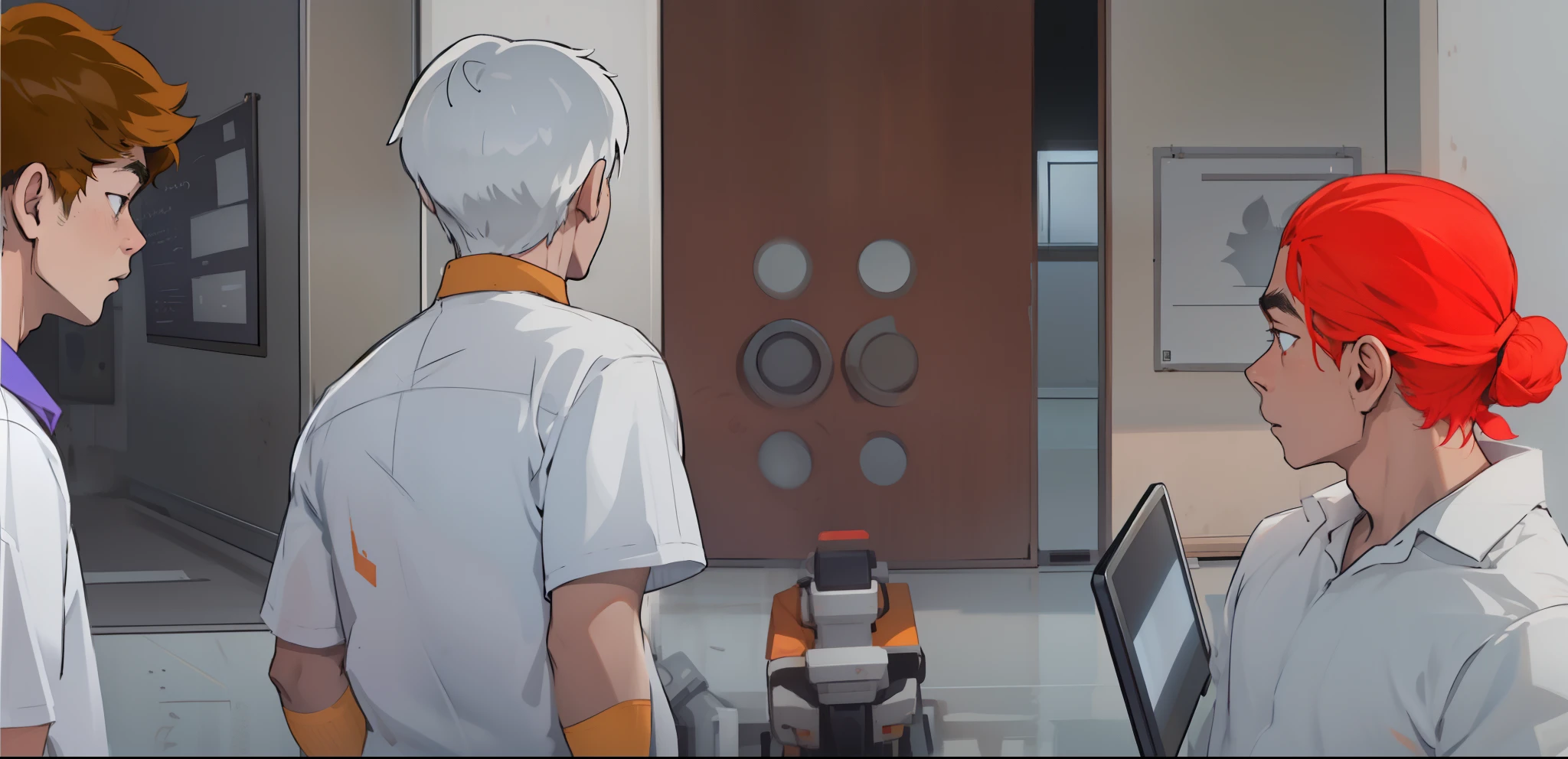 There are two 19-year-old boys and the teacher, the young man turns his back on her.