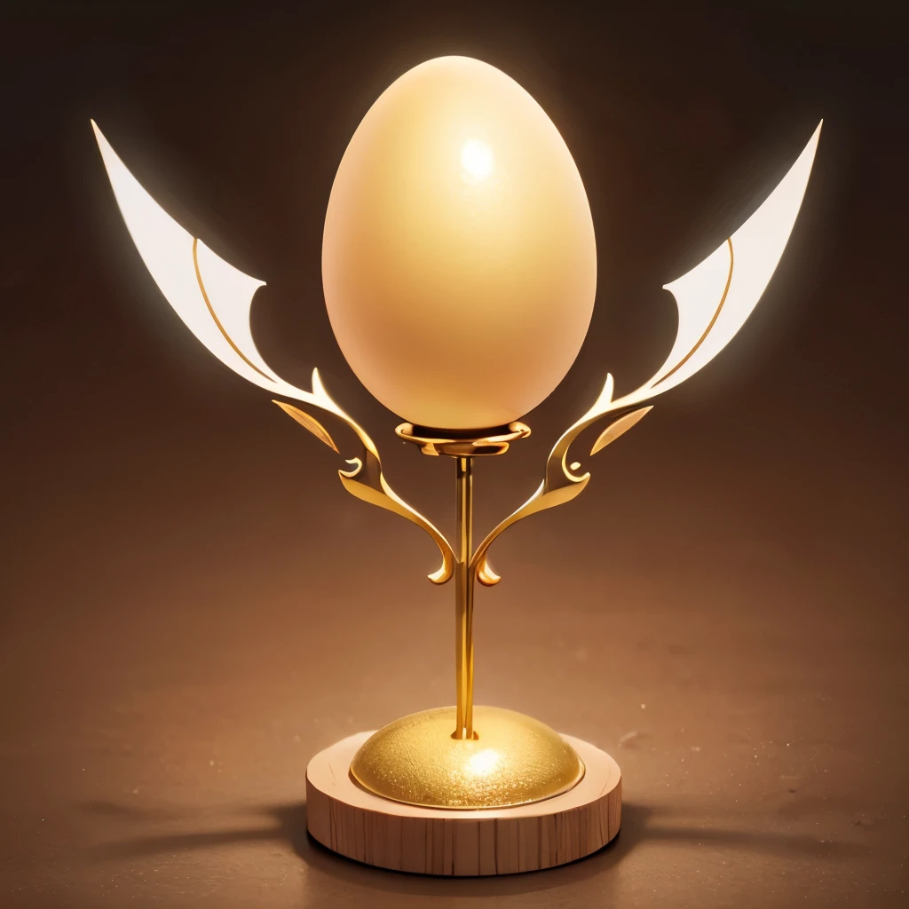 High resolution, (a golden egg:1.3),Glowing,on a beautiful decorated stand,The egg has wing,(face in the egg:1.3),Angry