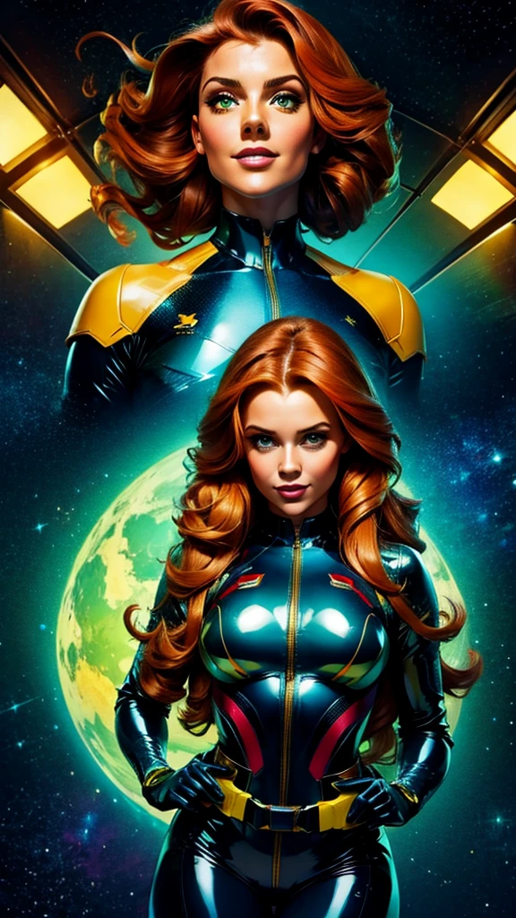 Best quality illustration, IMAGE VIEWED FROM BOTTOM TO TOP, space beautiful vintage woman,LONG RED CURLY hair, looking to observer, LITTLE SHY SMILE, tight latex suit BLUE with details GREEN AND YELLOW under hi-tech armor, hi-tech gloves, militar tatical belt, spaceship scenario,difuse lights