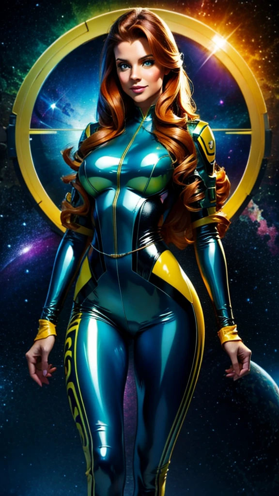 Best quality illustration, IMAGE VIEWED FROM BOTTOM TO TOP, space beautiful vintage woman,LONG RED CURLY hair, looking to observer, LITTLE SHY SMILE, tight latex suit BLUE with details GREEN AND YELLOW under hi-tech armor, hi-tech gloves, militar tatical belt, spaceship scenario,difuse lights