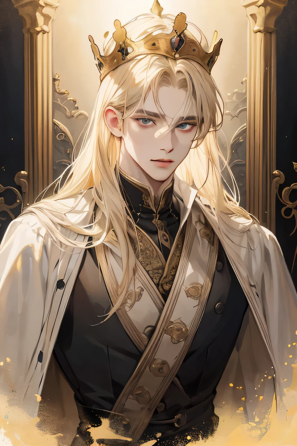 (Best quality),adult,1 man, male, mature, very tall, elegant and strong, long hair blonde, grey eyes, long hair blonde, medieval victorian style clothing, richly textured background, soft lighting, portrait style, painting style, deep colors, royal clothes yunani style, perfect eyes, look at camera, golden clothes, with crown king yunani romawi