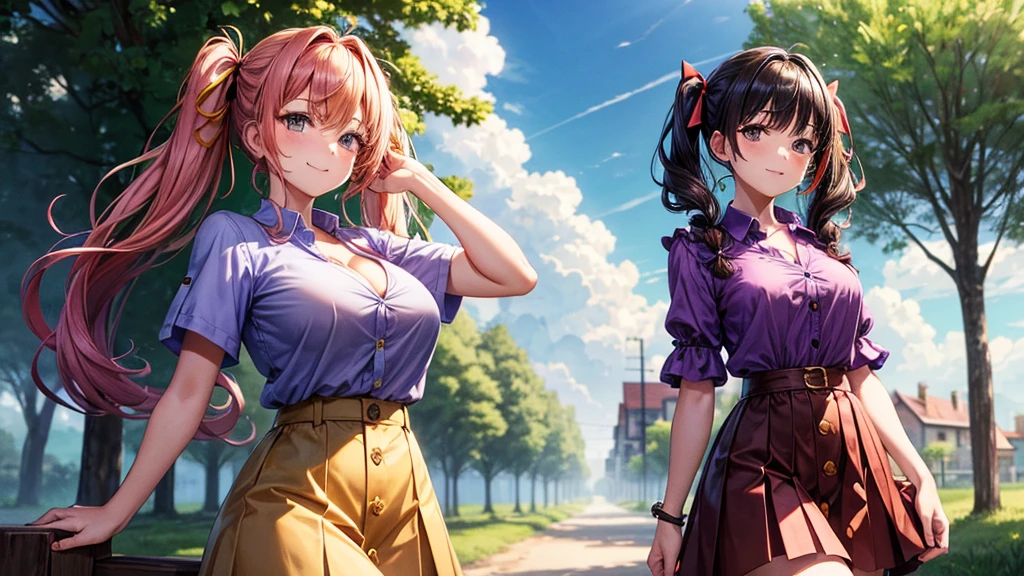 1girl, full body, summer, village, trees, sun, clouds, ((colorful hair)), curly hair, twintail, large breasts, button down shirt, ((purple shirt)), ((short sleeved shirt)), ((unbuttoned shirt)), unbuttoning buttons, popping buttons, cleavage 1:3, brown eyes, ((red black skirt)), smile, looking at the viewer, touching neck, standng, hair ribbon, golden necklate