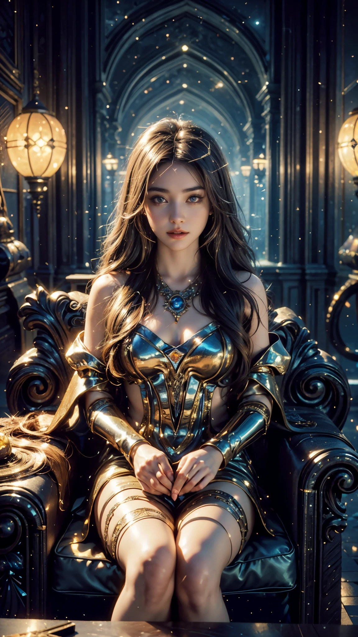 4k, UHD, masterpiece, 1 girl, good face, ((detailed eyes)), very long hair, impressive hairstyle, perfect brasts, fantasy clothing, golden clothing, (strips:1.3), night city, building, lamps, depth of field, reflection light, ((sparkle)), chromatic aberration, sitting on the chair,