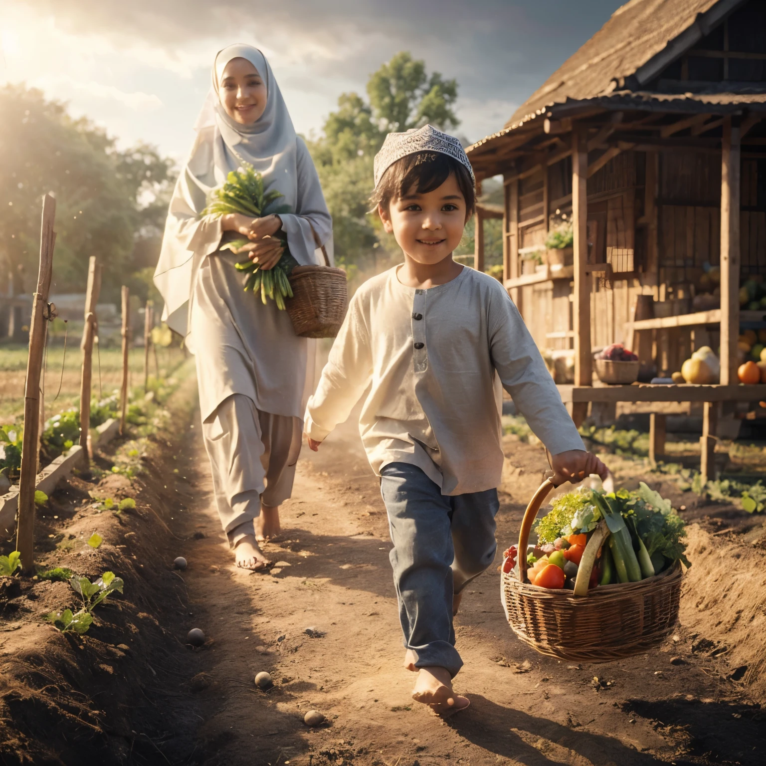 Sexy mom wear hijab holding vegetables and her son holding a basket of vegetables, they are barefoot, walk near vegetables field, beautifull village, beautifull sky, happy moments, hyperdetail, masterpiece, 8k