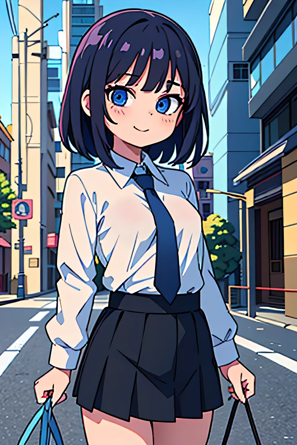 (Ultra bright color, Masterpiece, Best quality, blossom, Warm, soft light, modern, Hi-tech), leash on neck, ahegao face, 1 girl, One, standing, (street background:1.4), White shirt, (black skirt), beautiful detailed face, slight smile, (blue) Medium hair, (detailed (blue) Ruby eyes), young, blue tie, small breasts