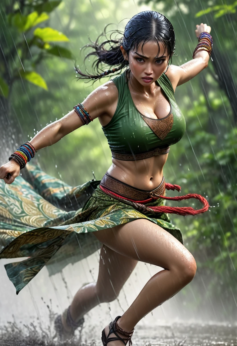 Javanese female warrior, sweaty athletic body, wearing a batik traditional cloth, grab a big sword, big breasts, hands wearing bracelets in a tense situation and under the rain, wet. green forest background with flying birds. realistic, dramatic, detailed